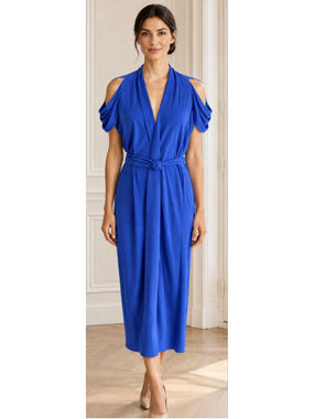 Roland Mouret Midi Dress, Size 8, Blue French Cold Shoulder Luxury